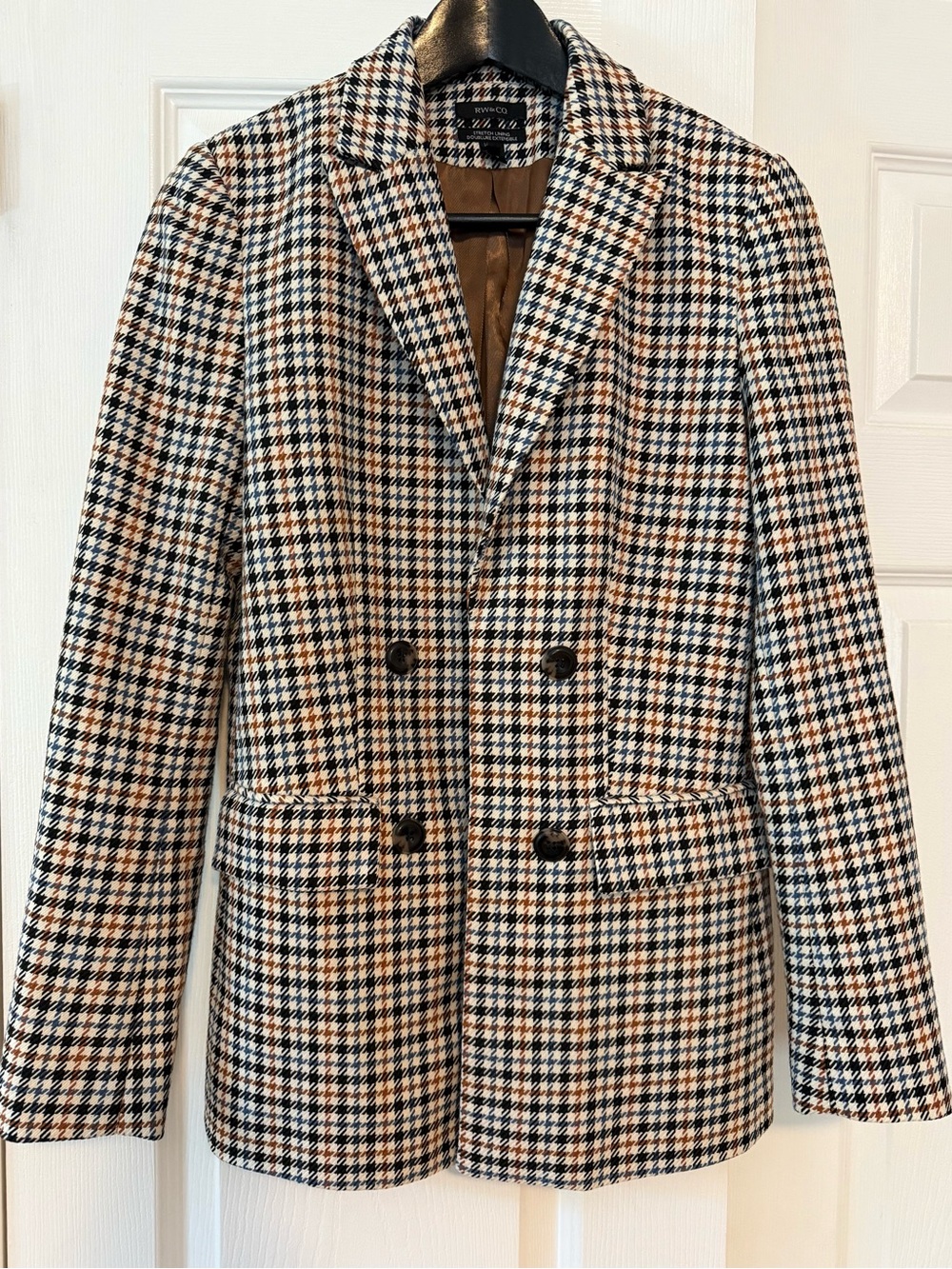 RW&CO. Houndstooth Double-Breasted Blazer - Black, Blue, Tan and Cream